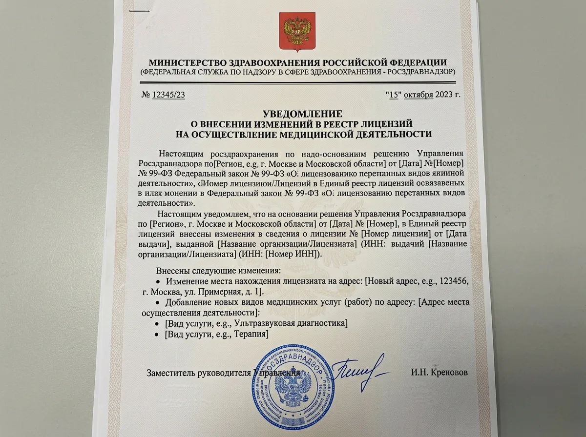 Уведомление о внесении изменений в реестр лицензий на медицинскую деятельность, официальный документ Росздравнадзора